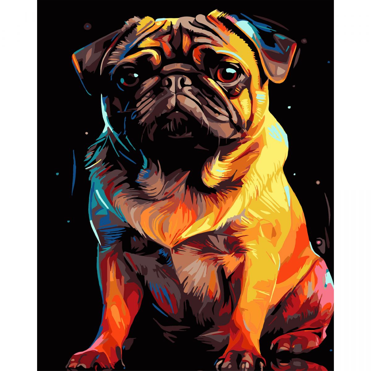Картина по номерах на чорному фоні "Яскравий мопс" 40х50 см  фото 1