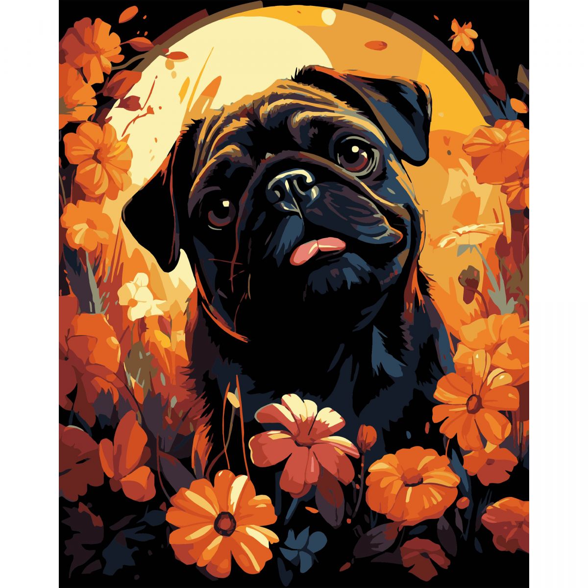 Картина по номерах на чорному фоні "Мопс у квітах" 40х50 см  фото 1