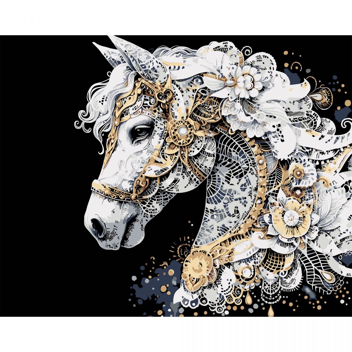 Картина по номерах на чорному фоні "Кінь із золотими візерунками" 40х50 см  фото 1