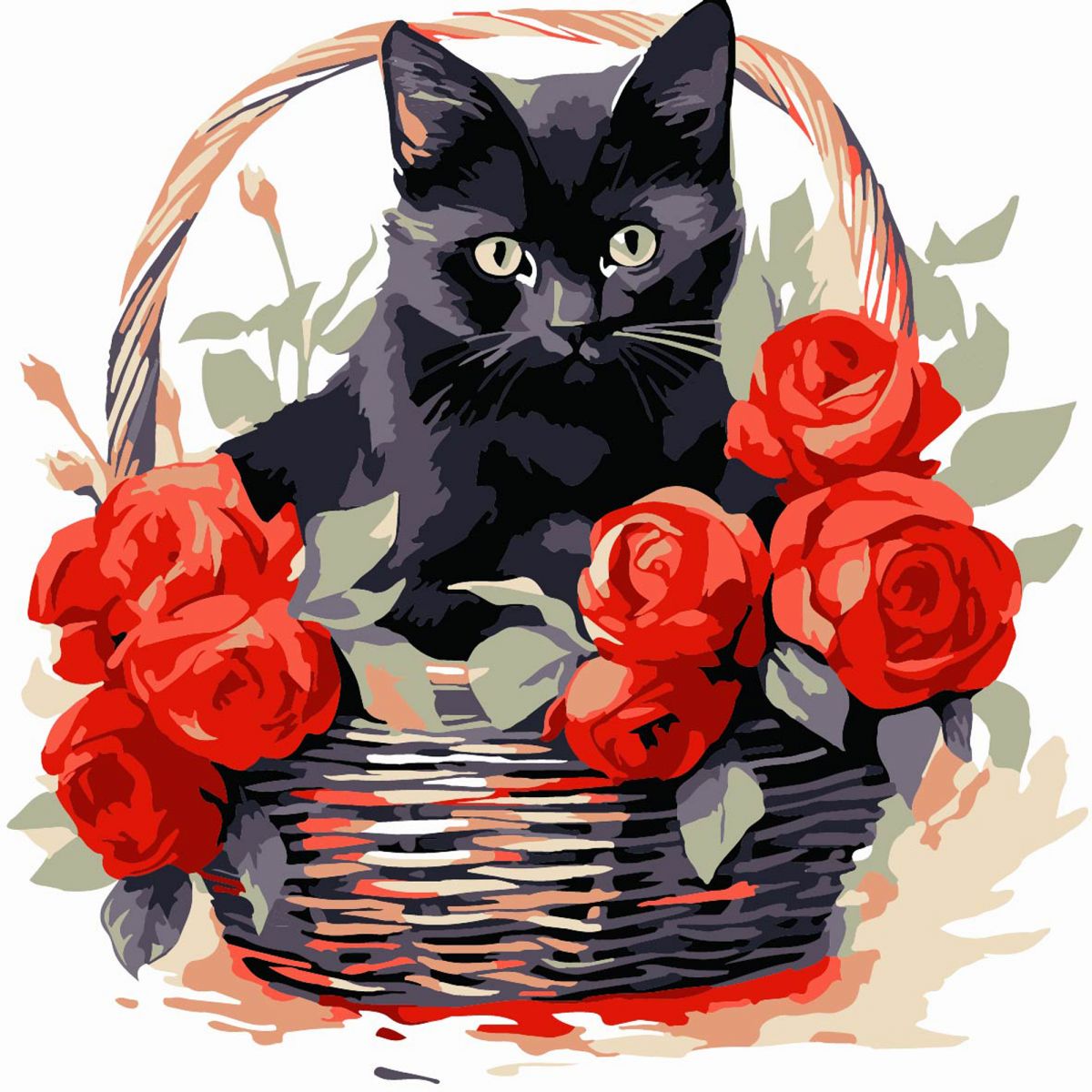 Картина по номерах "Чорна кішка з трояндами" 20х20 см  фото 1