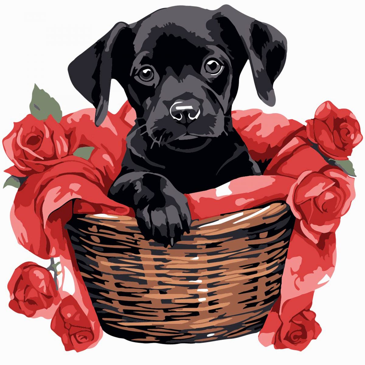 Картина по номерах "Чорне щеня з трояндами" 20х20 см  фото 1