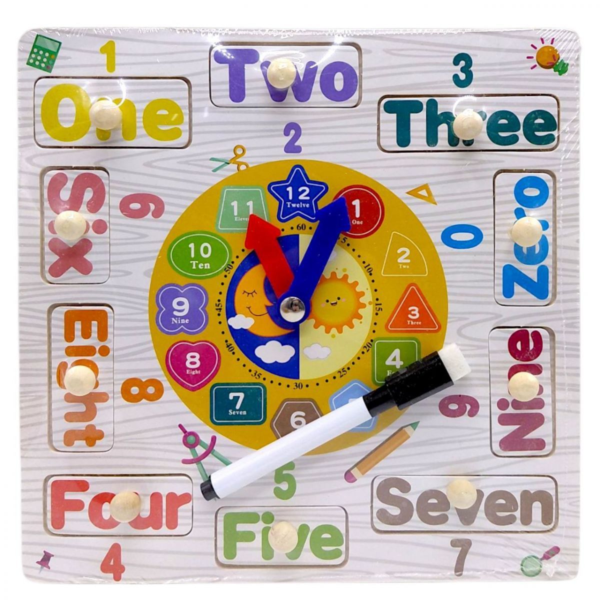 Уцінка.  Вкладиші дерев’яні (годинник, дошка для малювання, маркер “пиши-стирай”) мікс видів Не вистачає одного тримача та пошкоджене пакування  фото 1