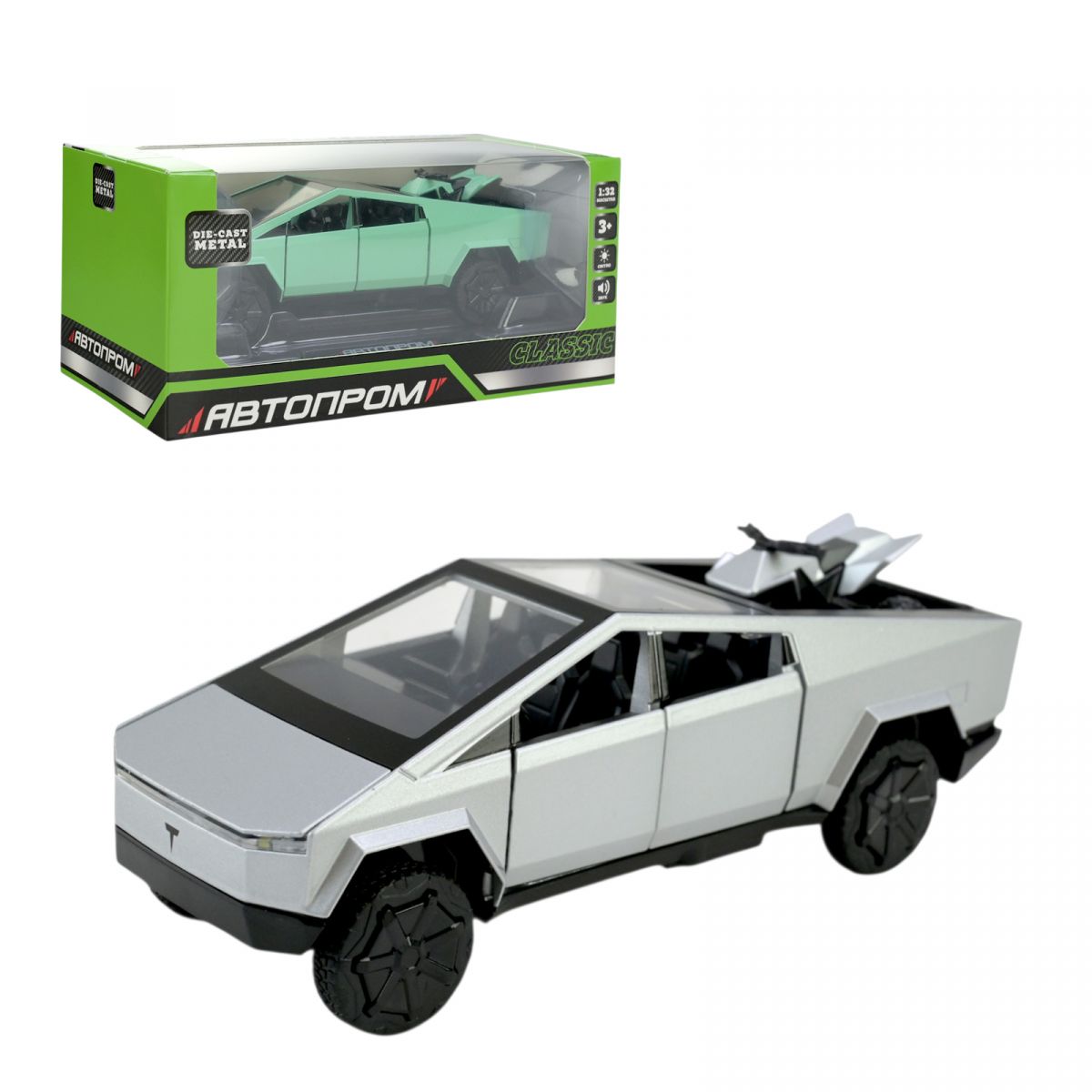 Машина мет.  1:32 Tesla pickup truck beach, батар, світло, звук, відкр. двері, короб.  19,5*9*9см  фото 1