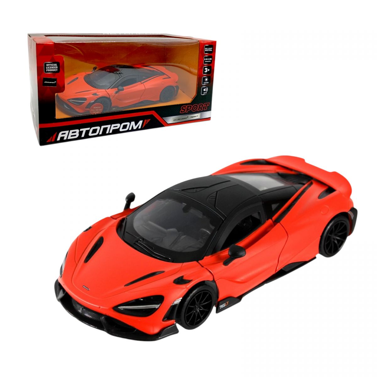 Машина мет.  1:24 "McLaren 765 LT", батар. , світло, звук, відкр. двері, короб.  24,5*12*10см  фото 1