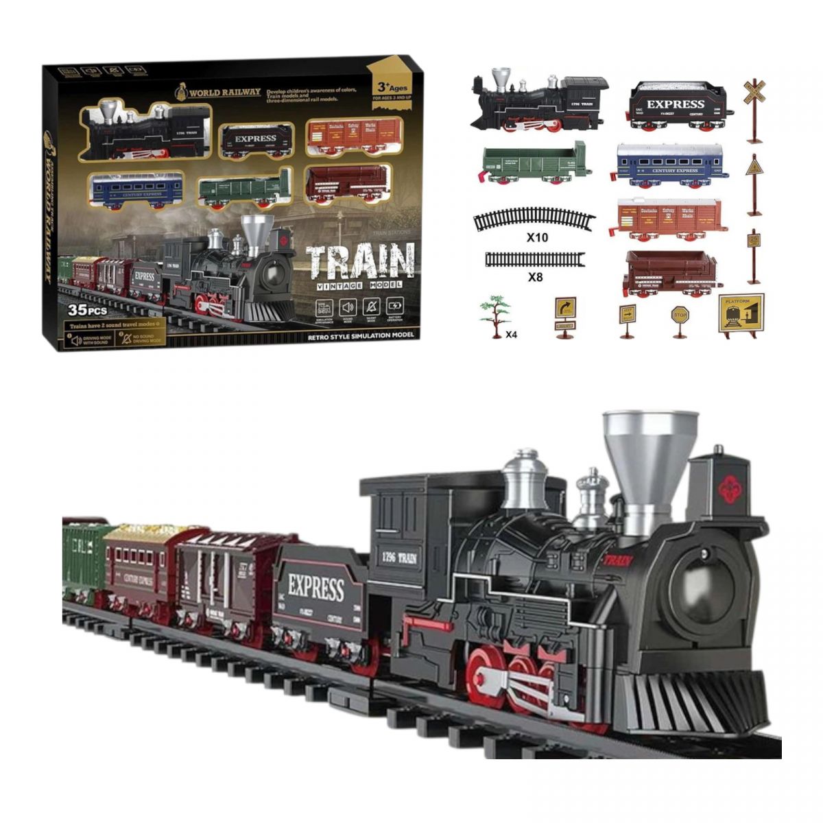 Залізниця 35 елементів, 6 вагонів довжиною 66 см, дорога 141х68 см, підсвічування, звук-беззвучний режим, рух вперед, на батарейках, в коробці  фото 1