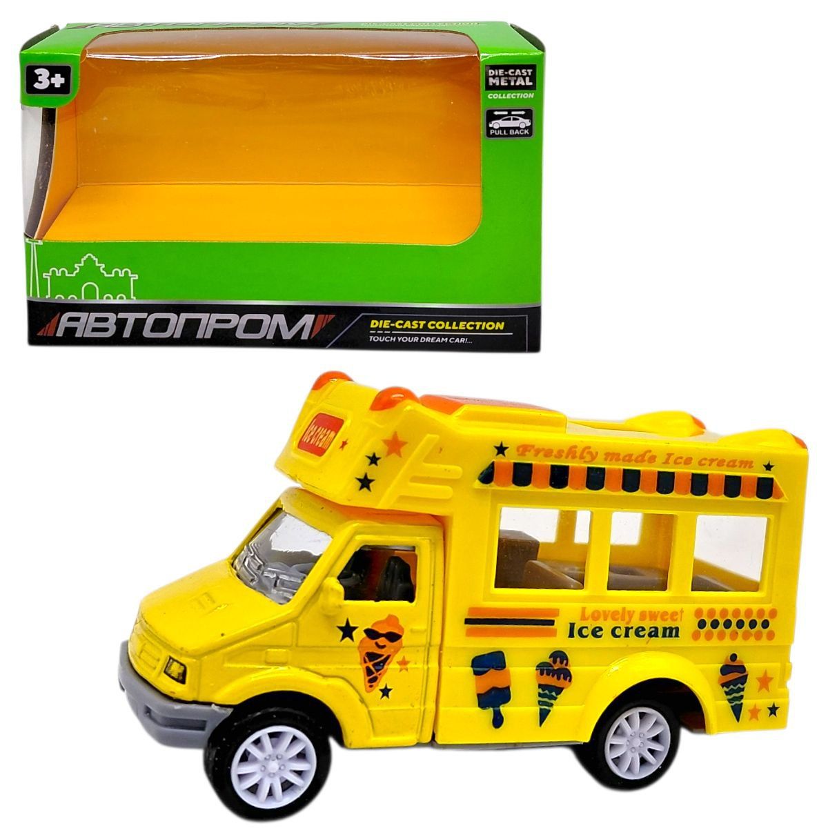 МАШИНА АВТОПРОМ (металлическая кабина) ФУРГОН С МОРОЖЕННЫМ (ЖЕЛТЫЙ)  фото 1