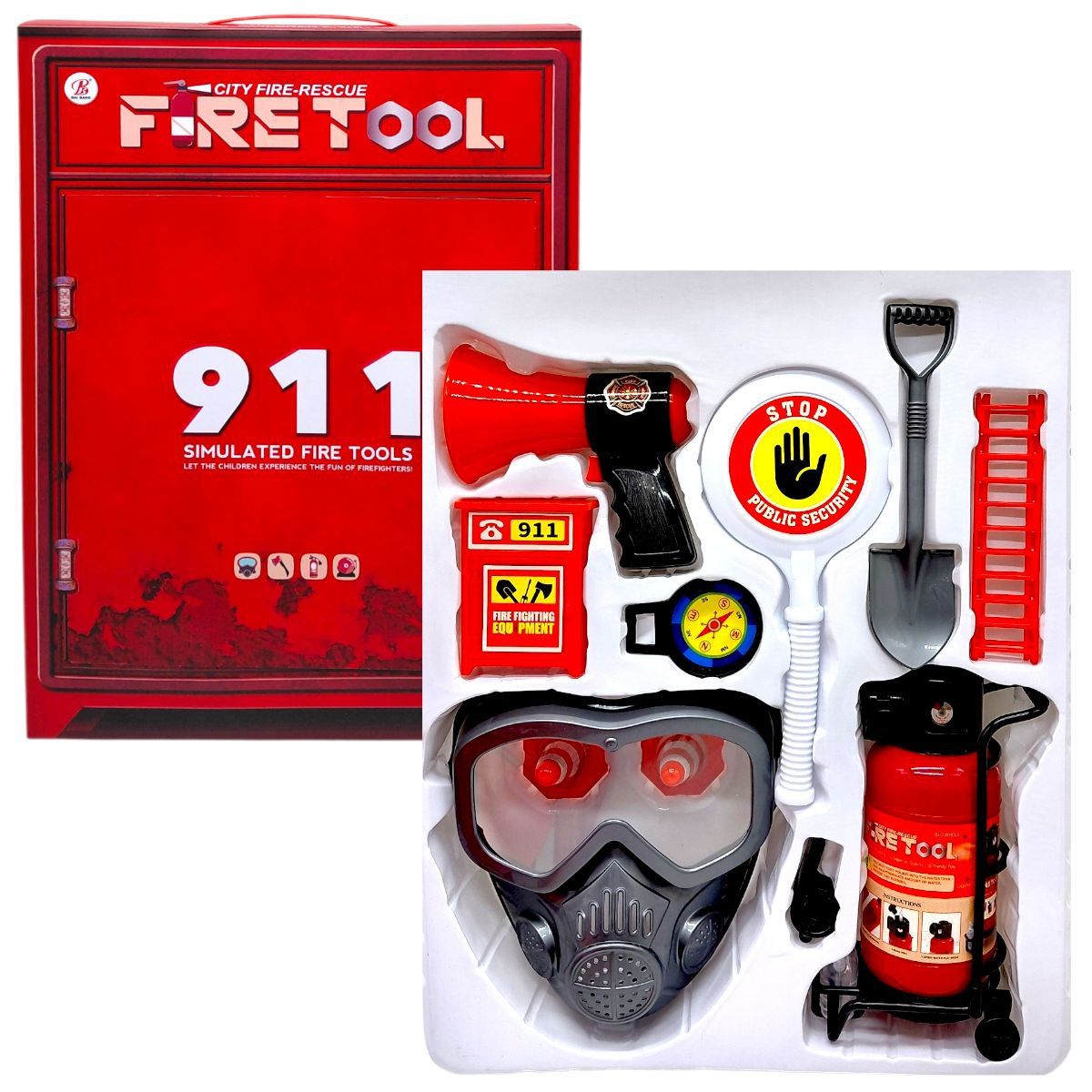 Набор пожарного (огнетушитель со светом, звуком сирены и парогенерацией, респиратор, компас, громкоговоритель, лопата, раскладная стремянка, знак "Стоп") в коробке 40,5х7х30 см  фото 1