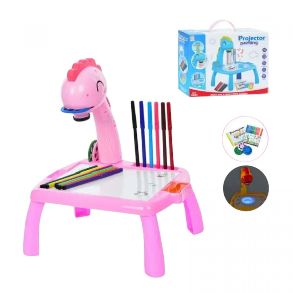 Столик з проєктором, “Динозавр” 3 диски, фломастери, серветка, на батарейках, музика, підсвітка, в коробці  фото 1