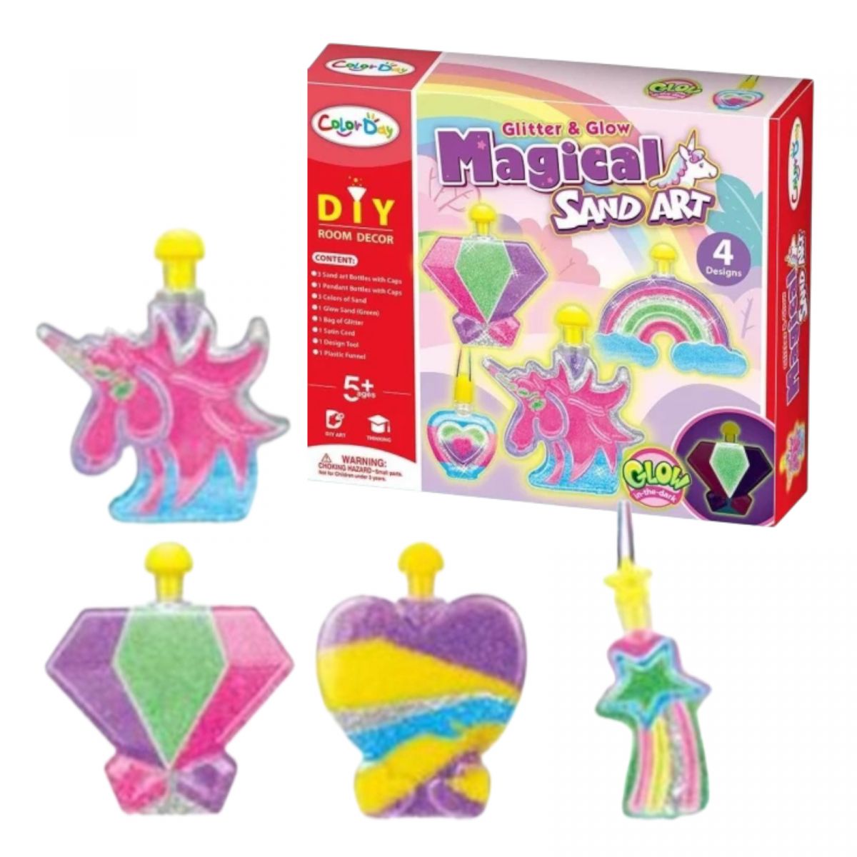 Набір для творчості 4 кольори, глітер, світиться у темряві, інструменти, 4 пляшечки, в коробці  фото 1