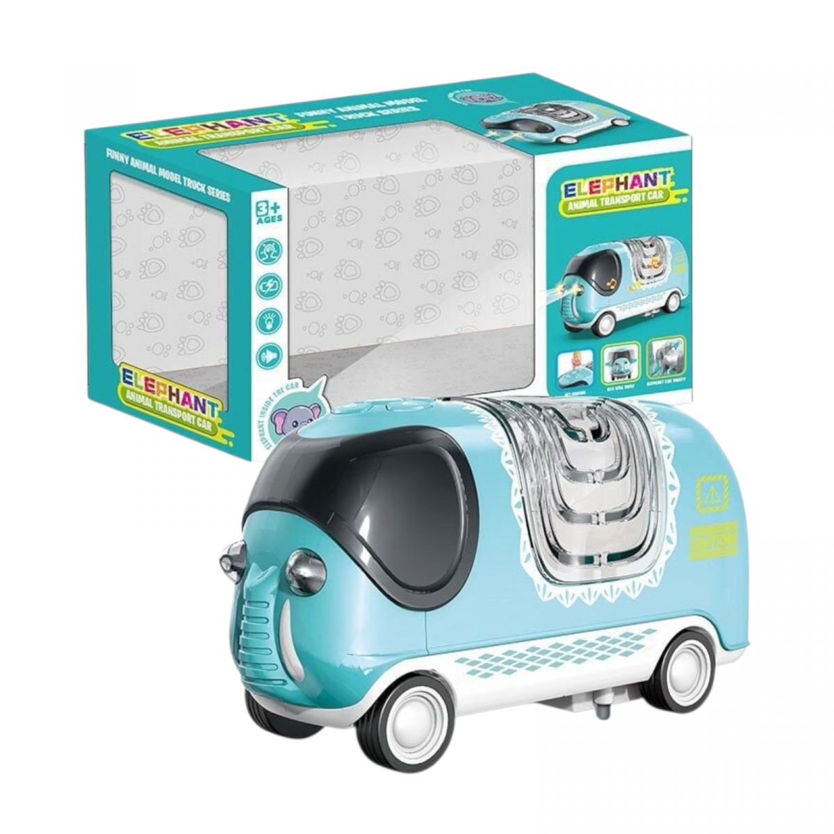 Машина музична, підсвічування, їздить, звуки транспорту і тварин, машинка і слон хитаються, 2 режими: зі звуком та без, гумові шини, в коробці  фото 1