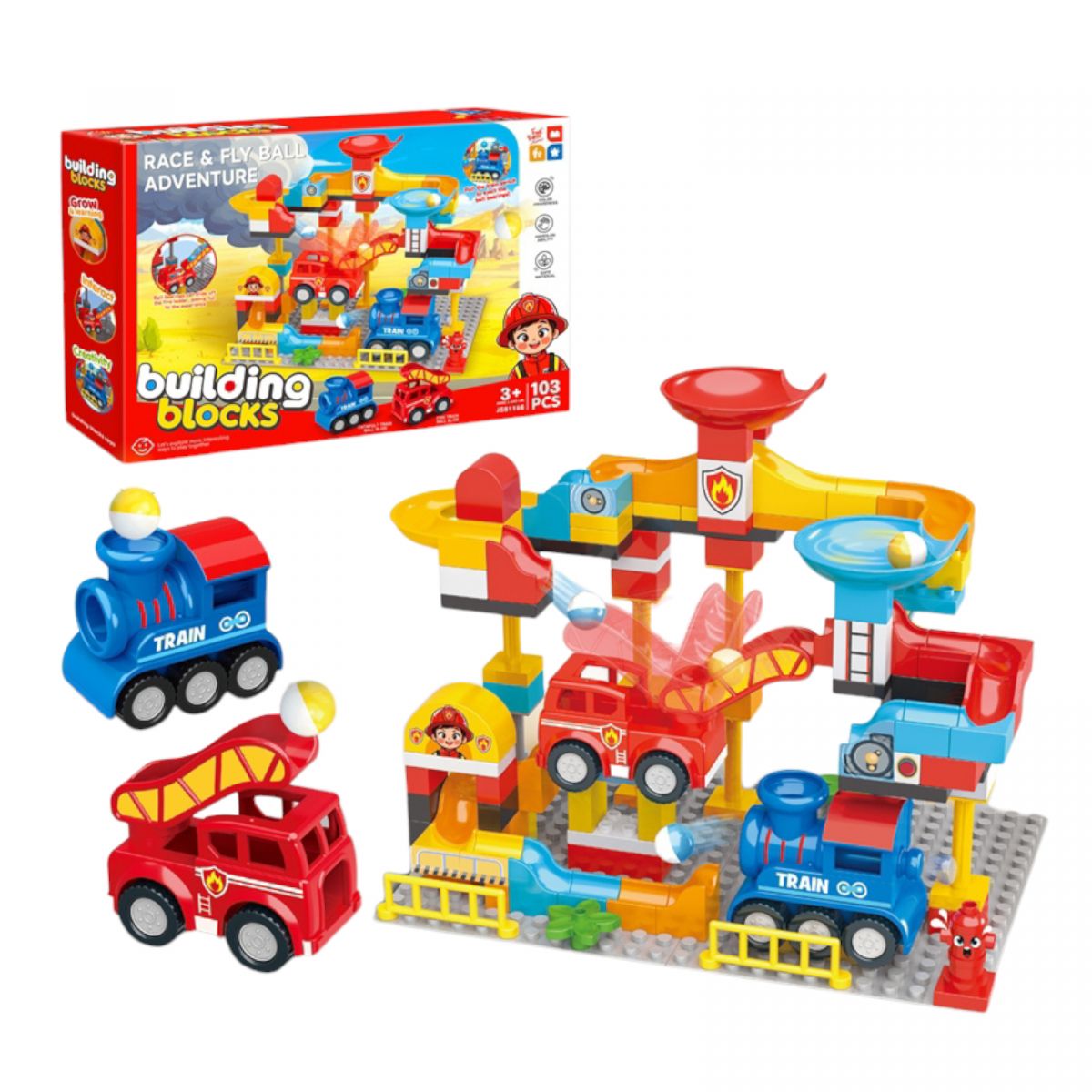 Конструктор “Пожежна частина”, 103 деталі, великі елементи, гра з кулькою, в коробці  фото 1