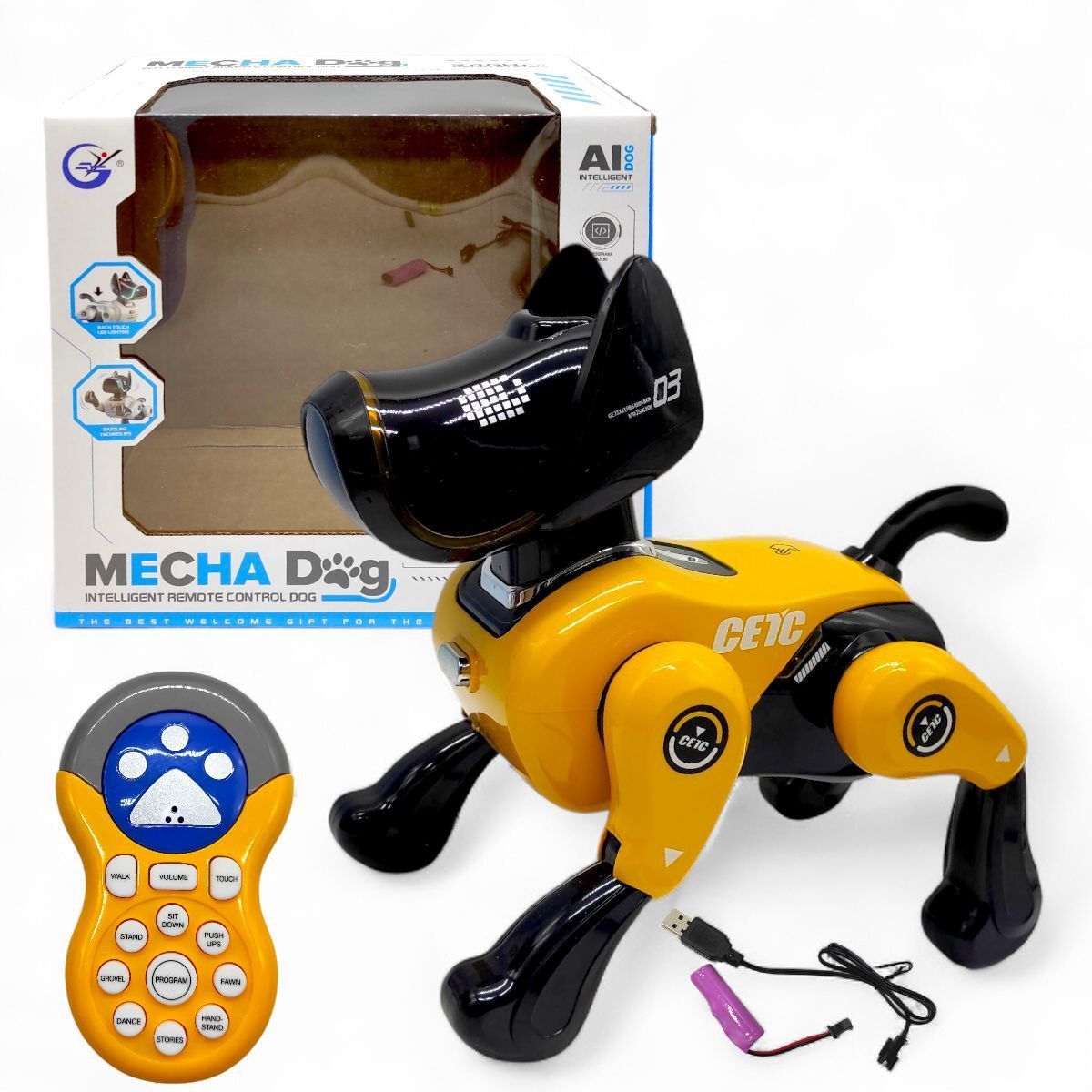 Уцінка.  Песик на радіокеруванні (акум.  3,7 V, пульт 2,4 Ghz, музика, підсвічування, звуки, USB-кабель, сенсорний датчик, історії англійською мовою, танцює, виконує команди, регулювання гучності (жовтий) - НЕЗНАЧНИЙ ДЕФЕКТ УПАКОВКИ  фото 1
