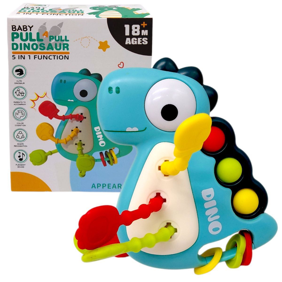 Брязкальце “Динозавр” (поп-іт, гумові прорізувачі та елементи для перетягування) (БІРЮЗОВИЙ)  фото 1