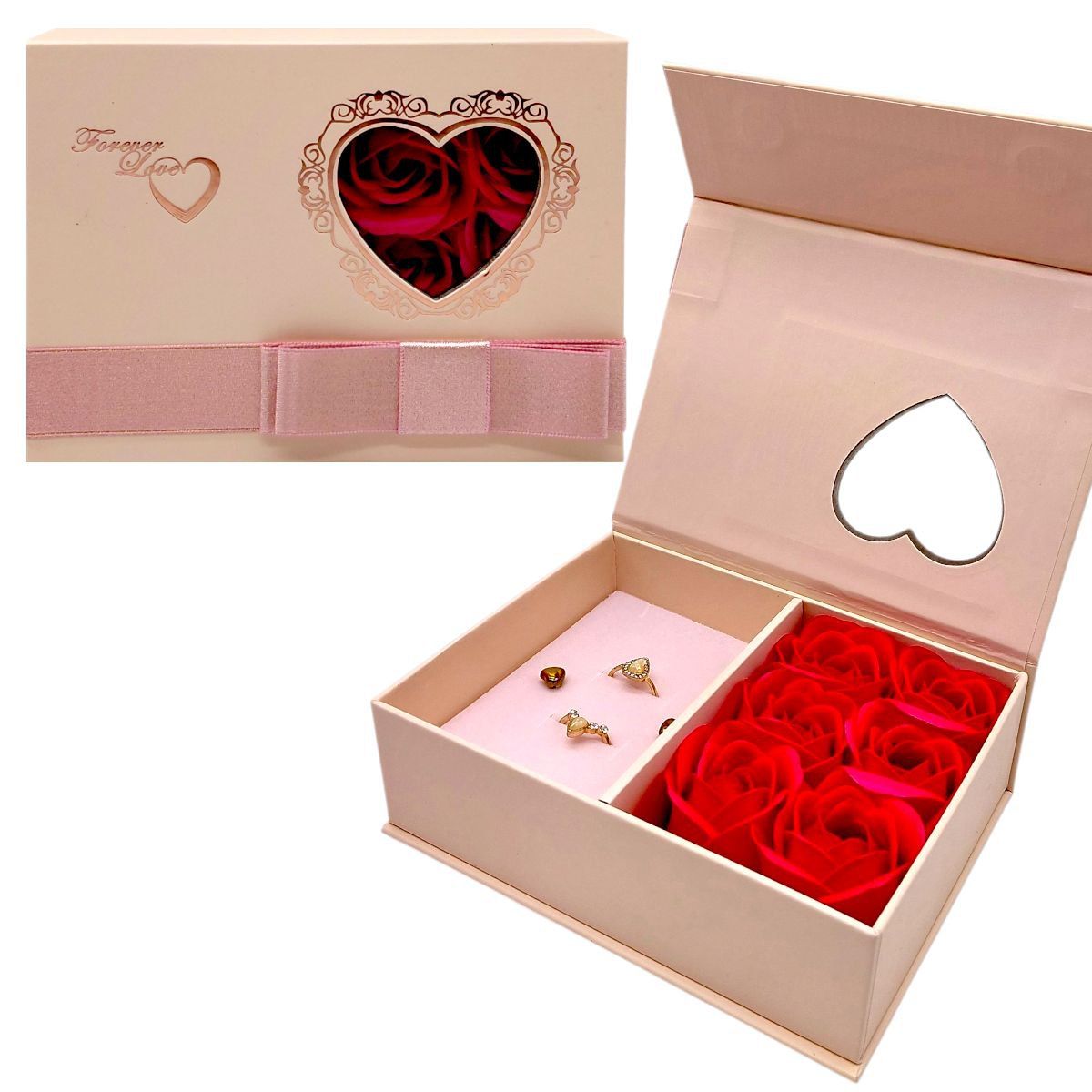 Набір прикрас, магнітна застібка, 2 каблучки, сережки, бутони троянди, листівка, паперовий пакет, в коробці  фото 1