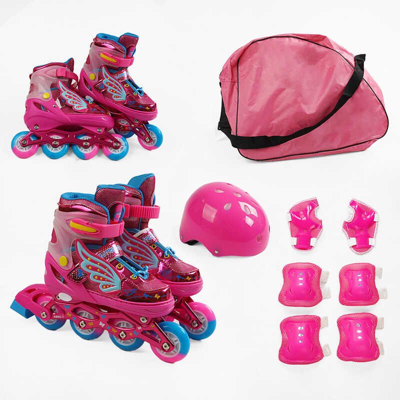 Ролики с защитой размер 35-38 (6) цвет Розовый, колеса PU, ПЕРЕДНЕЕ КОЛЕСО СВЕТ, стелька 21-24 см, d колес – 6. 5 см, в сумке  фото 1