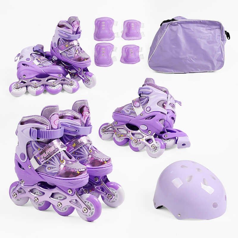 Ролики с защитой размер 31-34 (6) цвет ФИОЛЕТОВЫЙ, колеса PU, ПЕРЕДНЕЕ КОЛЕСО СВЕТ, стелька 17-20 см, d колес – 6 см, в сумке  фото 1