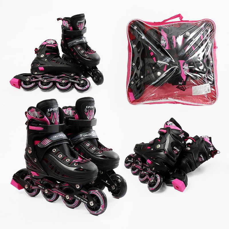 Ролики розмір 34-38 (6) колір РОЖЕВИЙ, колеса PU, d – 7 см, устілка 20-23 см, алюмінієва рама, гальма, переднє зі світлом, підшипник ABEC-7, в сумці  фото 1