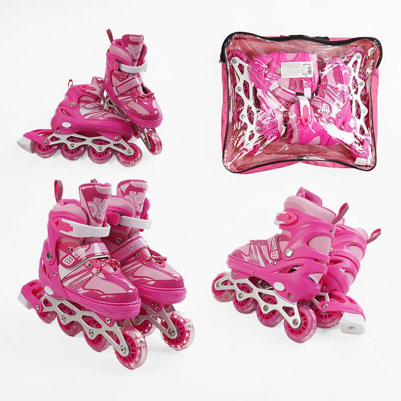 Ролики /размер 34-38/ цвет – РОЗОВЫЙ (6) колеса PVC, стелька 21-24 см, ПЕРЕДНЕЕ КОЛЕСО СВЕТ, d – 6. 5 см, в сумке  фото 1