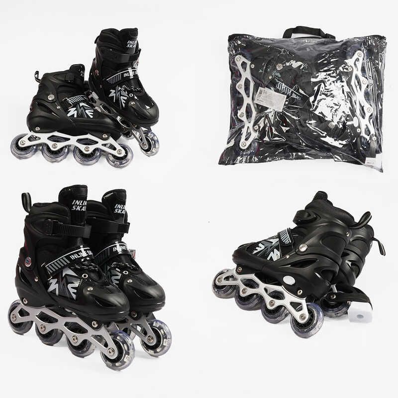 Ролики /размер 34-38/ цвет – ЧЕРНЫЙ (6) колеса PVC, стелька 21-24 см, ПЕРЕДНЕЕ КОЛЕСО СВЕТ, d – 6. 5 см, в сумке  фото 1