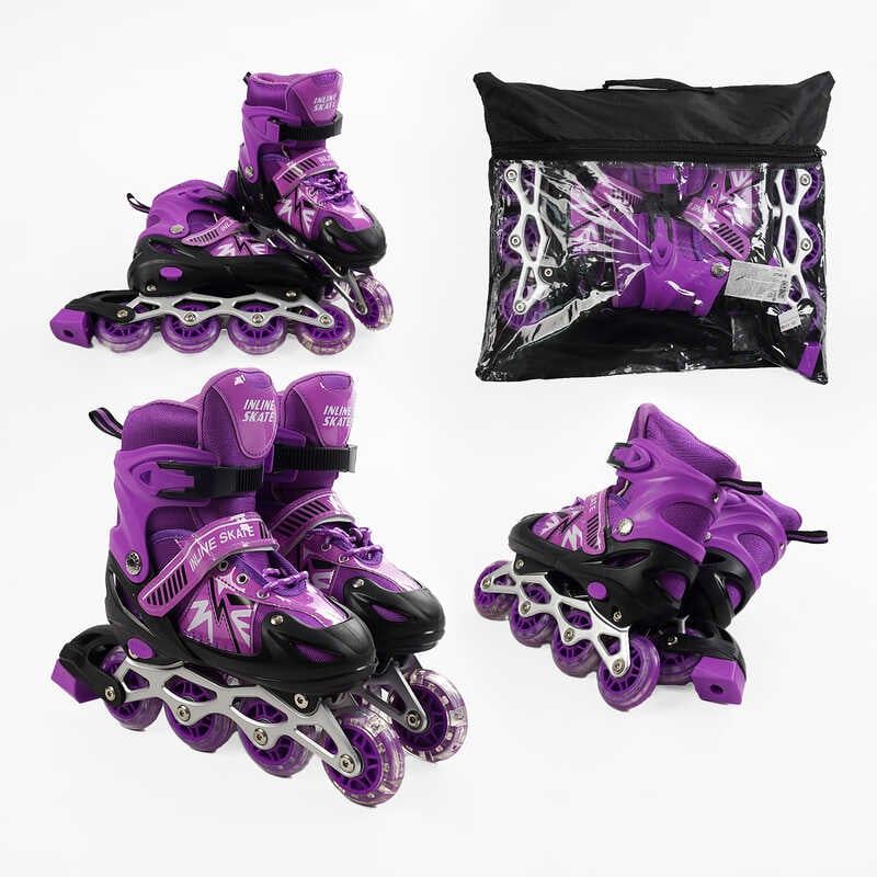 Ролики /размер 34-38/ цвет – фиолетовый (6) колеса PVC, стелька 21-24 см, ПЕРЕДНЕЕ КОЛЕСО СВЕТ, d – 6. 5 см, в сумке  фото 1