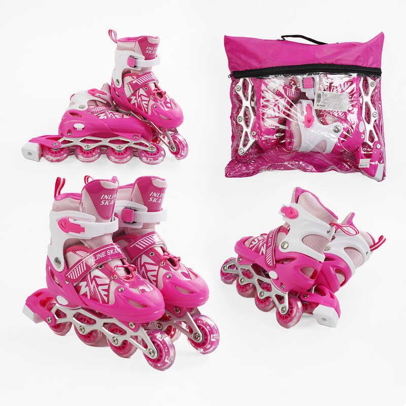 Ролики /размер 34-38/ цвет – РОЗОВЫЙ (6) колеса PVC, стелька 21-24 см, ПЕРЕДНЕЕ КОЛЕСО СВЕТ, d – 6. 5 см, в сумке  фото 1