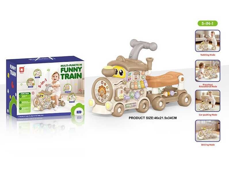 Ходунки-каталка 5в1, підсвічування, звуки, піаніно, 2 режими, ноти, назви кольорів, пальчикові ігри, мелодії, пісні, озвучування англійською мовою, сортер, пискавка, годинник, на батарейках, в коробці  фото 1