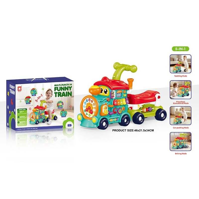 Ходунки-каталка 5в1, підсвічування, звуки, піаніно, 2 режими, ноти, назви кольорів, пальчикові ігри, мелодії, пісні, озвучування англійською мовою, сортер, пискавка, годинник, на батарейках, в коробці  фото 1