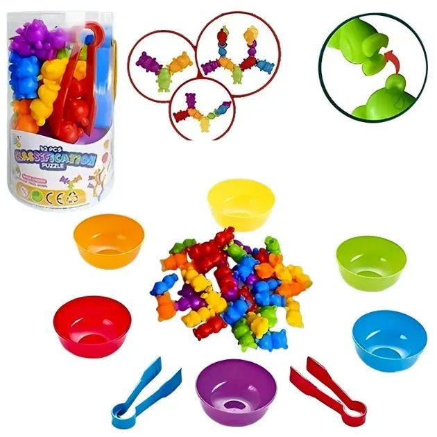 Логічна гра, сортер, 42 елементів, 6 тарілочок, 2 пари щипців  фото 1