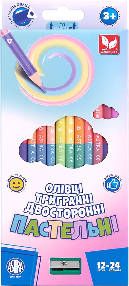 Олівці кольорові тригранні двосторонні пастельні кольори + чинка - 24 кольори (12 шт. )  фото 1