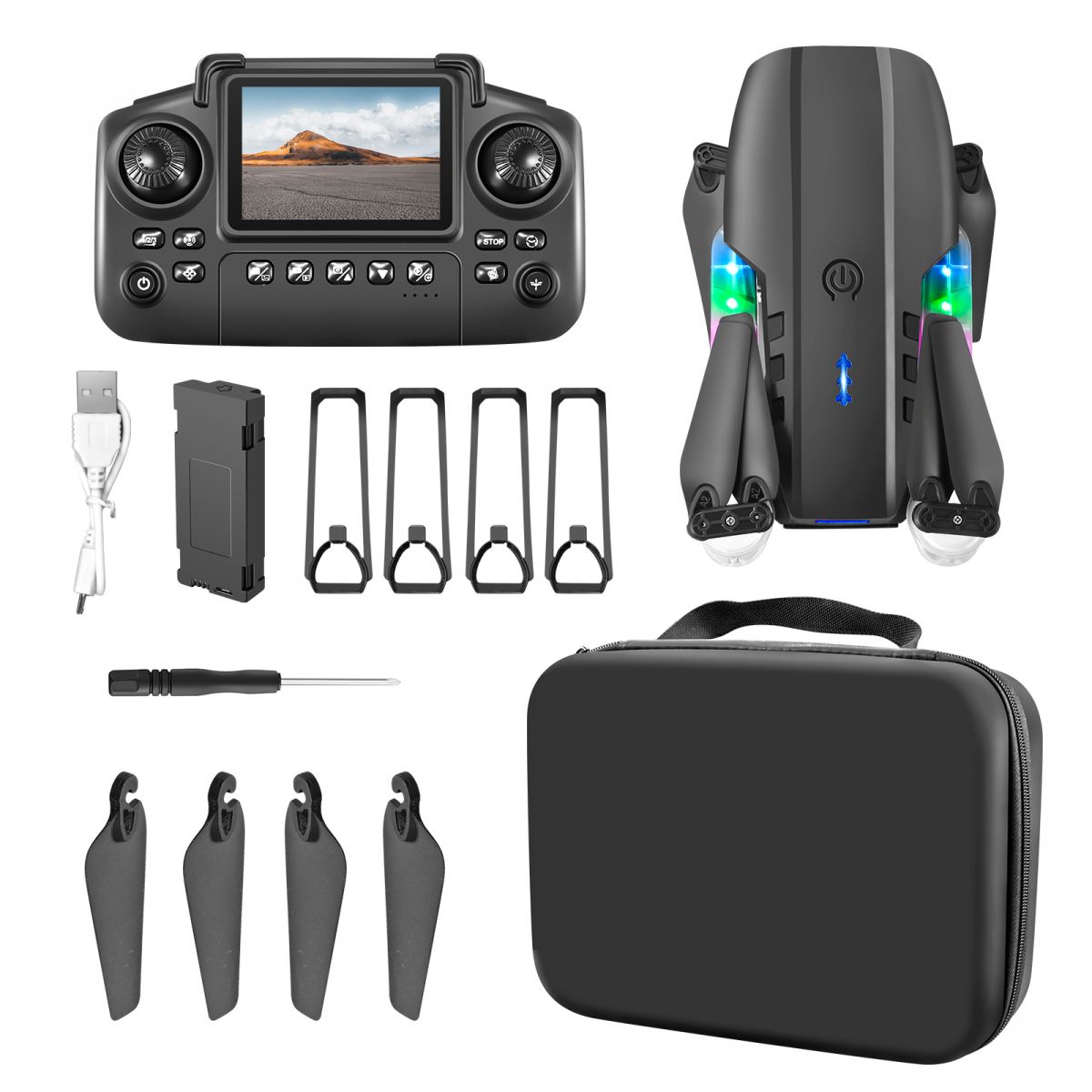 Квадрокоптер на радіокеруванні E 99 D PRO (підсвічування, оберти, керування з додатка, Wi-fi камера, пульт 2. 4 G, екран на пульті, TF Card, футляр)  фото 1