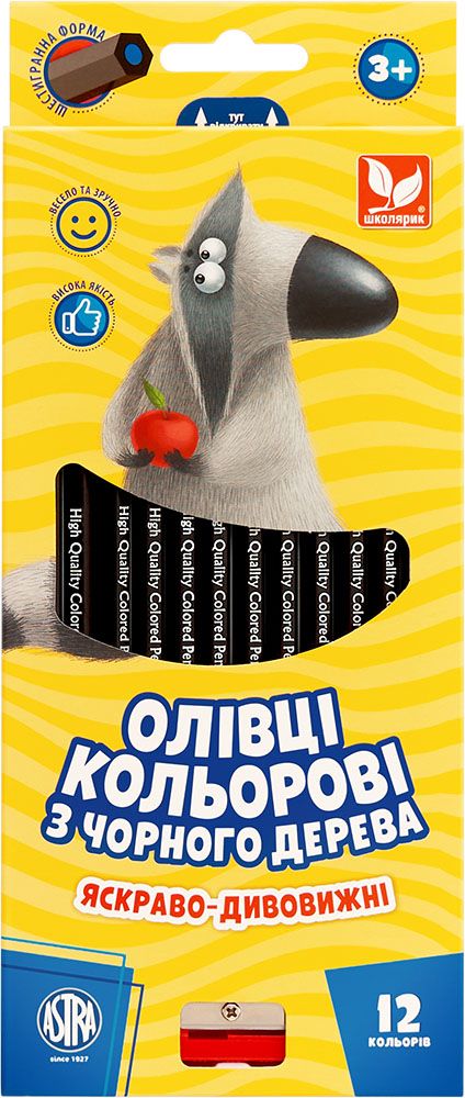 Олівці кольорові шестигранні з чорного дерева + чинка - 12 кольорів  фото 1