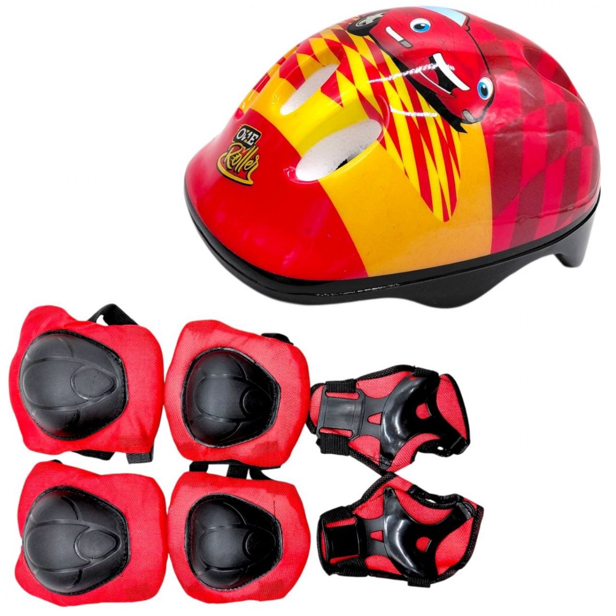 Защитное снаряжение "Тачки" шлем, налокотники, наколенники, запястья, в сетке (КРАСНЫЙ)  фото 1