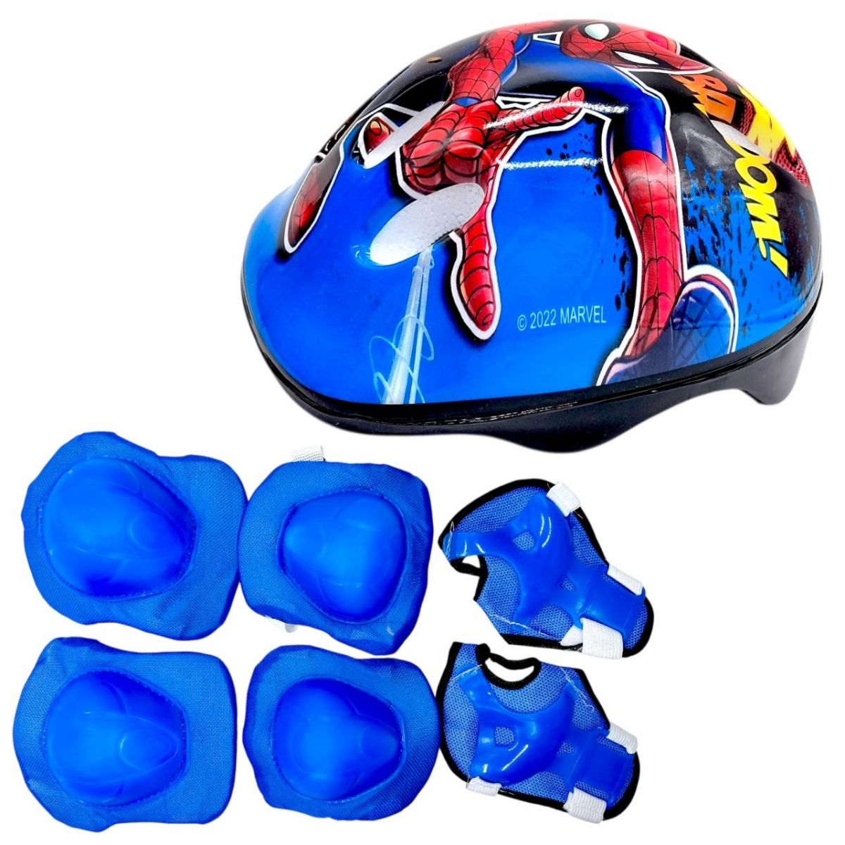 Защитное снаряжение "Человек-Паук" шлем, налокотники, наколенники, запястья, в сетке (ГОЛУБОЙ)  фото 1