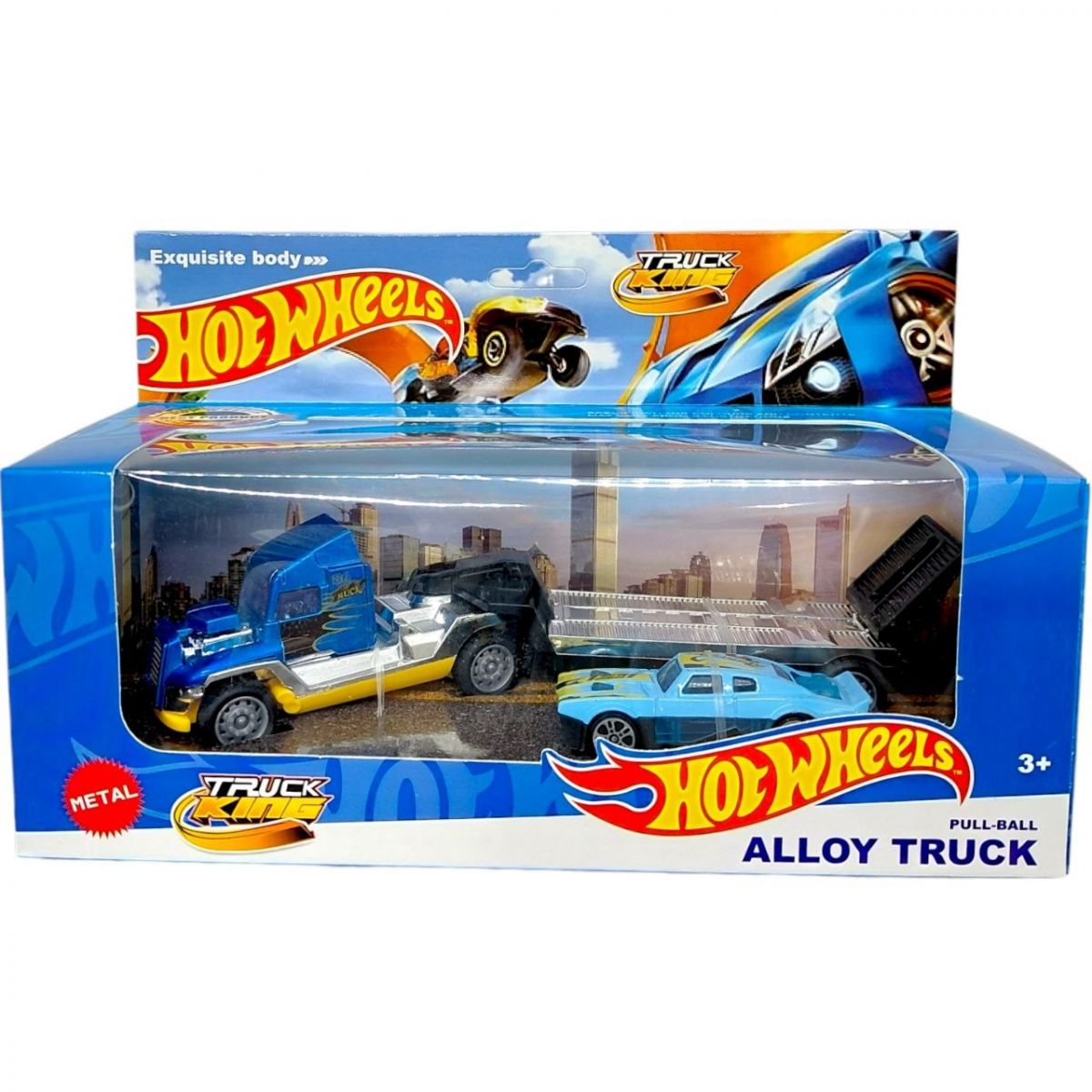 Уценка.  Металевий тягач з машинкою на причепі (СИНІЙ) - ПОМʼЯТА КОРОБКА  фото 1