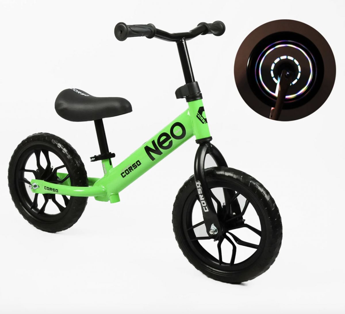 Двоколісний дитячий біговел-велобіг, колеса ЕВА (піна) 12 дюймів, з підсвіткою, зелений  фото 1