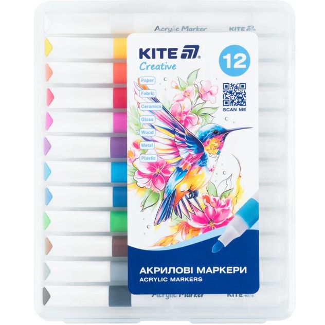 Маркери акрилові "Jumbo Kite Creative" 12 кольорів  фото 1