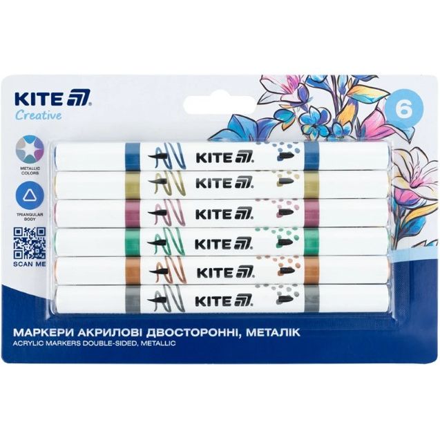 Маркери акрилові двосторонні "Kite Creative металік", 6 кольорів  фото 1