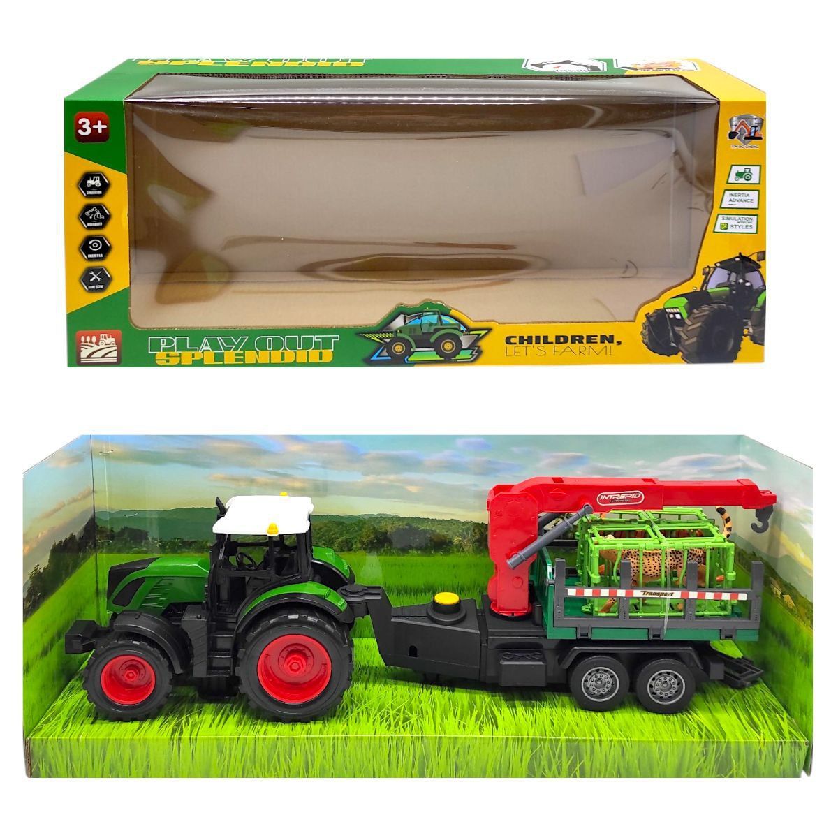 Уцінка.  Трактор іграшковий (довжина з причепом 49 см, рухомі елементи, інерція, причіп, 2 фігурки тварин) в коробці - 53х16х22 см - Дефект причепа  фото 1