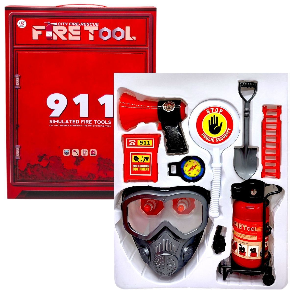 Уценка.  Набор пожарного (огнетушитель со светом, звуком сирены и парогенерацией, респиратор, компас, громкоговоритель, лопата, раскладная стремянка, знак "Стоп") в коробке 40,5х7х30 см - Помята коробка  фото 1