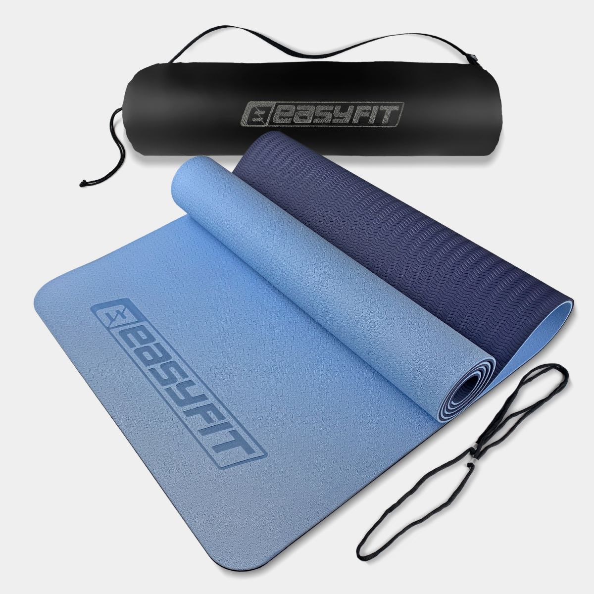 Коврик для йоги и фитнеса EasyFit TPE+TC 6 мм двухслойный + Чехол голубой-синий  фото 1