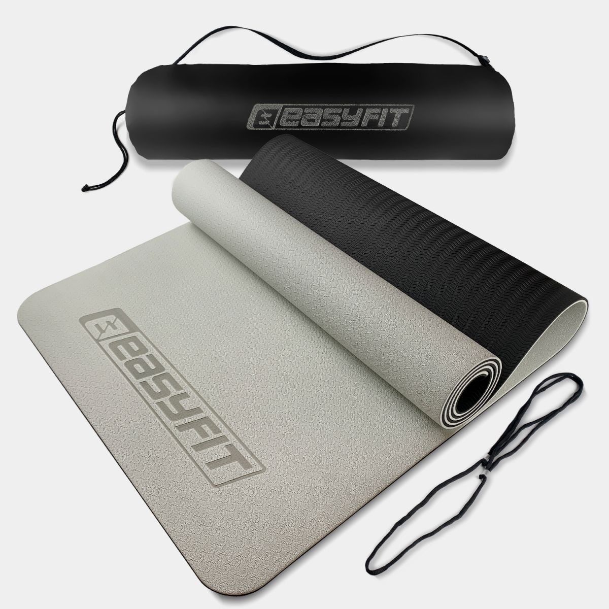 Килимок для йоги та фітнеса EasyFit TPE+TC 6мм двошаровий + Чохол сірий з чорним  фото 1
