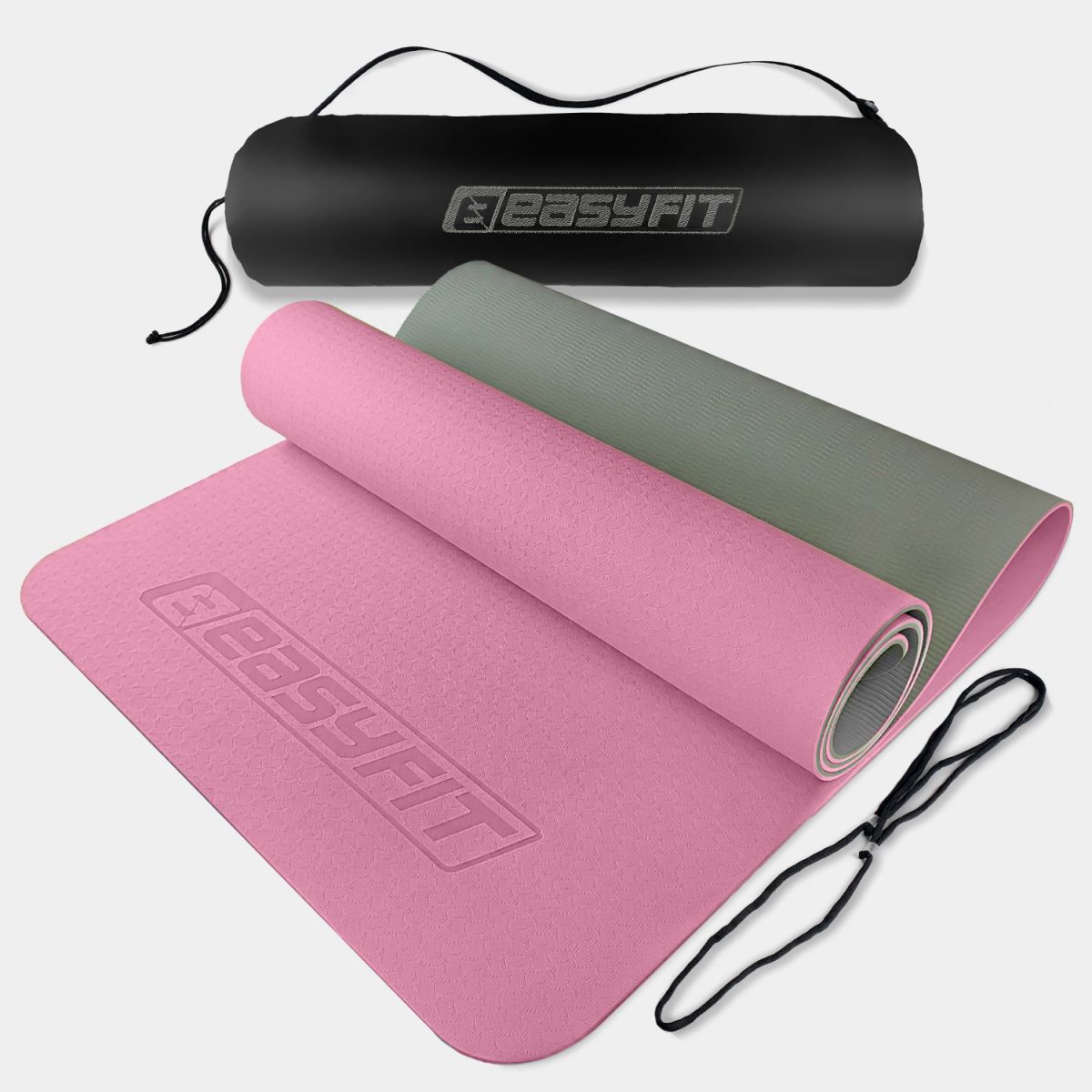 Коврик для йоги и фитнеса EasyFit TPE+TC 6 мм двухслойный розовый-серый + Чехол серый с черным  фото 1