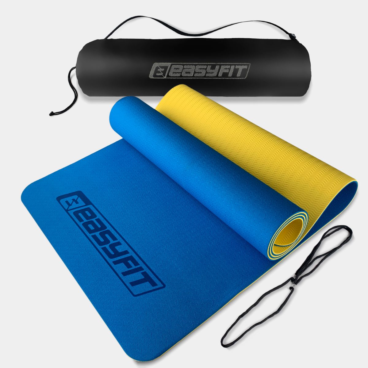 Килимок для йоги та фітнесу EasyFit TPE+TC 6 мм двошаровий + Чохол синій-жовтий  фото 1