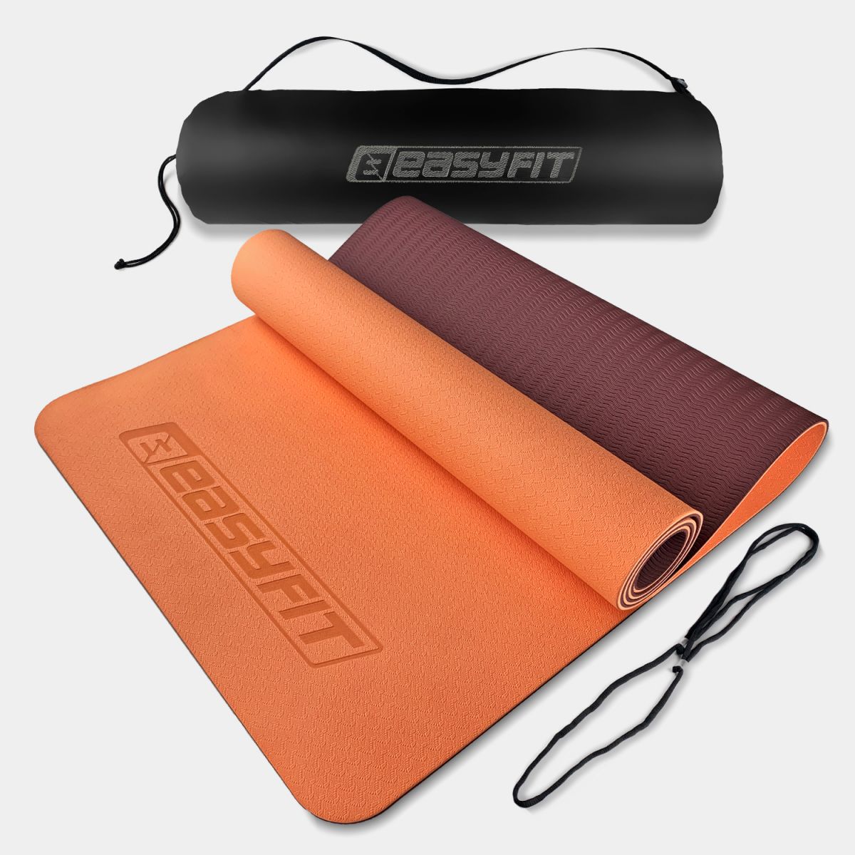 Коврик для йоги и фитнеса EasyFit TPE+TC 6 мм двухслойный + Чехол персиковый-коричневый  фото 1