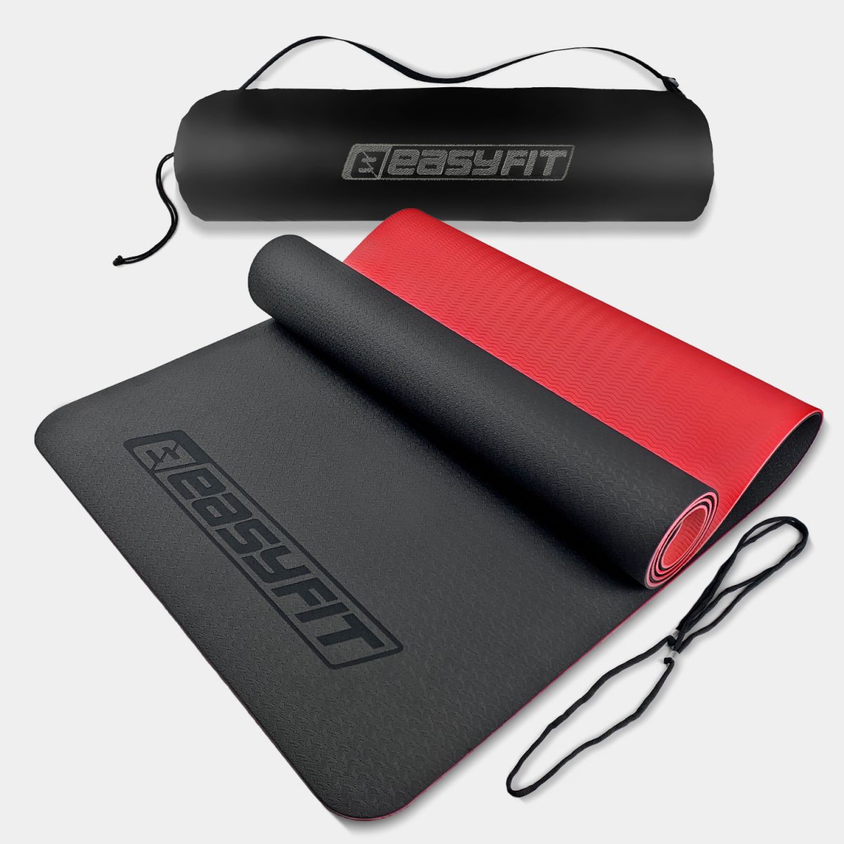 Коврик для йоги и фитнеса EasyFit TPE+TC 6 мм двухслойный + Чехол черный с красным  фото 1