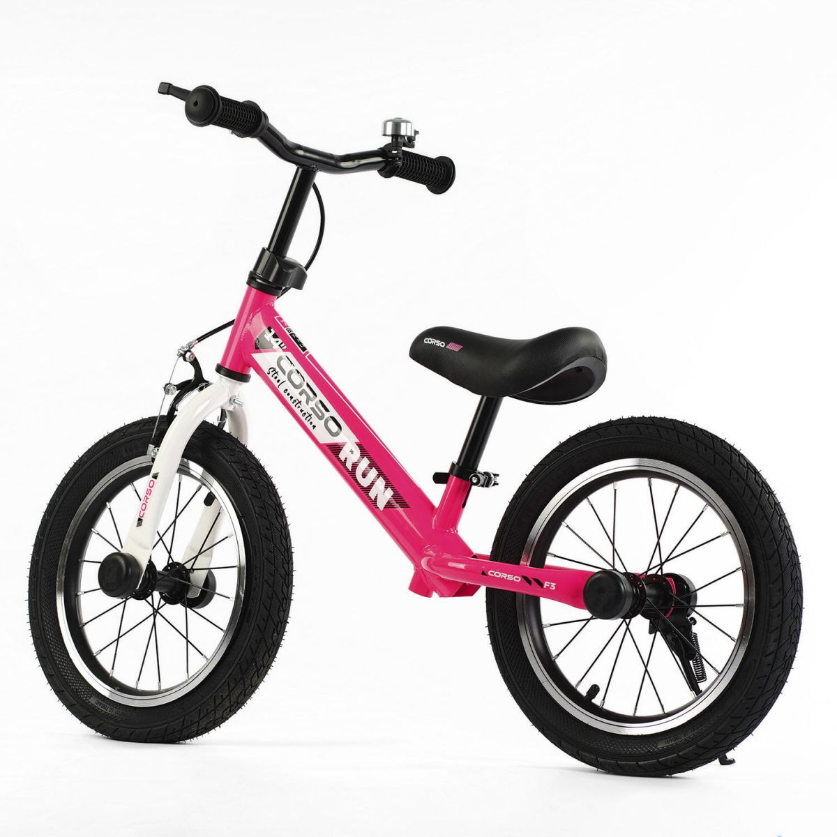 Велобіг 14" CORSO RJ-15255 сталева рама, ручне переднє гальмо, колеса надувні гумові, алюмінієві диски, підніжка, дзвінок Велобіг 14" CORSO RJ-15255 сталева рама, ручне переднє гальмо, колеса надувні гумові, алюмінієві диски, підніжка, дзвінок
