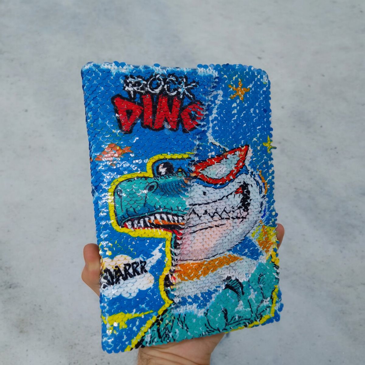 Блокнот з паєтками "Двостороння картинка: Синій динозавр"