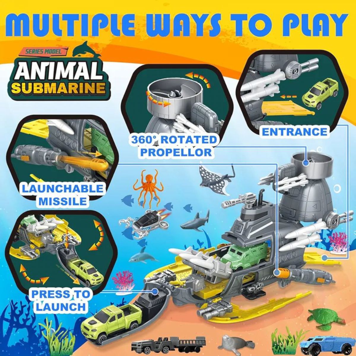 Підводний човен “Субмарина”, 6 фігурок тварин, розкладається, механічний запускач, 2 пушки, снаряди, рухомі елементи, в коробці  фото 3