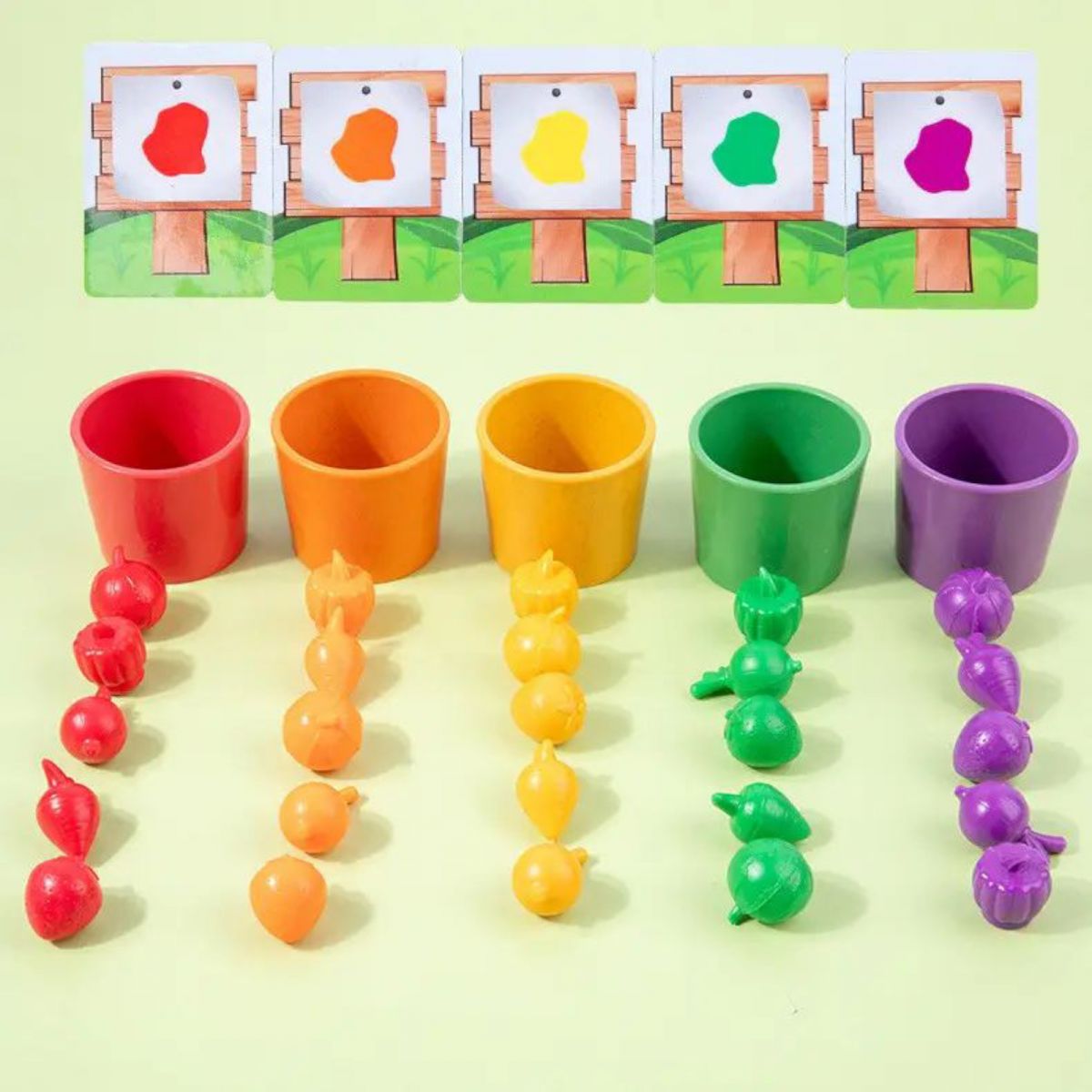 Логічна гра дерев’яна основа, 5 чаш для сортування, 25 гумових овочів, 10 двосторонніх карток із завданнями  фото 3