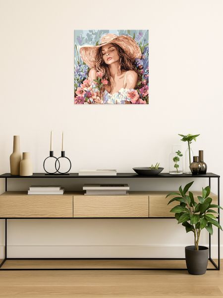 Картина за номерами - Дівчина в капелюсі серед квітів 40х40 см.  фото 3